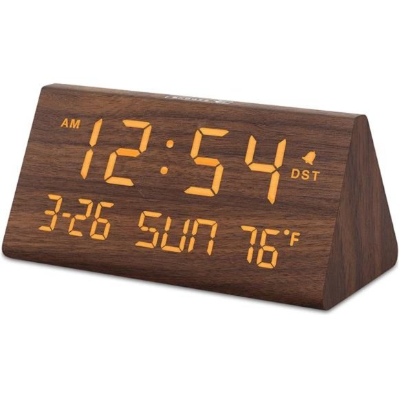 Digital Alarm Clocks for Bedrooms - Wooden Electric Clock with USB Ports, Date - Picture 1 of 6